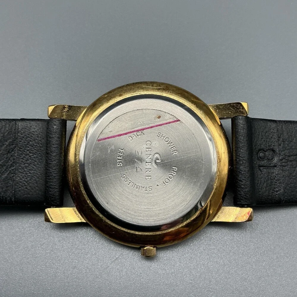 Vintage Cenere Mens Watch 34mm Black Dial Gold Tone Lugs Leather New Battery
